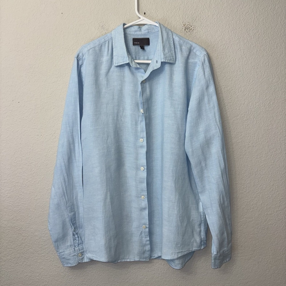 Vince 100% Linen Light Blue Long Sleeve Button Up Casual Dress Shirt Men Size L